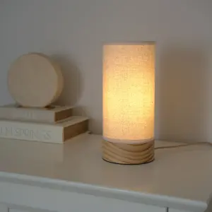 ValueLights Elsa Natural Bamboo Fabric Wooden Table Lamp with LED Bulb