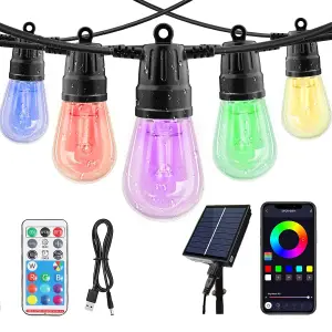 6M LED Outdoor Smart Garden Solar String Lights Festoon Lights with 15 Bulbs RGB Remote Control/APP Control