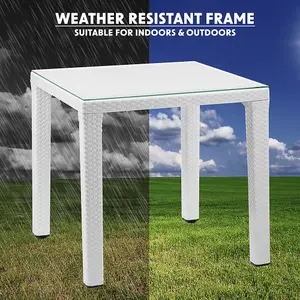 80x80cm Glass Top Outdoor Dining Table - Square White Rattan Style Garden