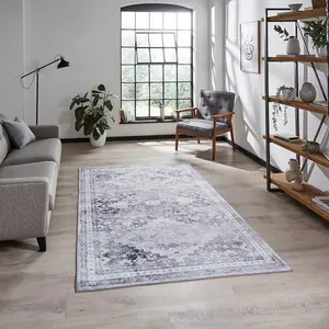 Grey Traditional Persian Bordered Geometric Rug for Dining Room Bed Room and Living Room-60 X 225cm (Runner)