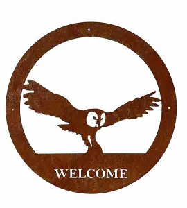 Owl Welcome Wall Art - Large - Steel - W49.5 x H49.5 cm - Bare Metal/Ready to Rust