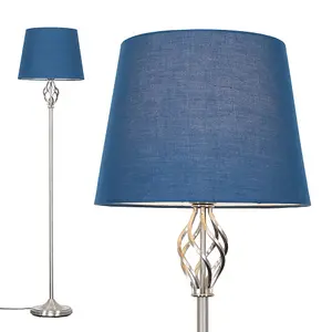 ValueLights Memphis Traditional Silver Satin Barley Twist Floor Lamp with Navy Blue Shade