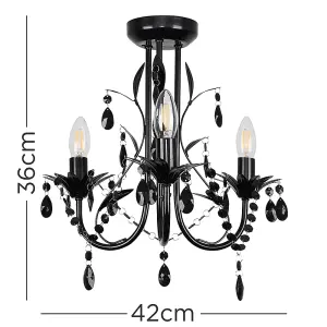 ValueLights Odelia Gloss Black Shabby Chic 3 Way Ceiling Light Chandelier with Decorative Black Jewel Beads