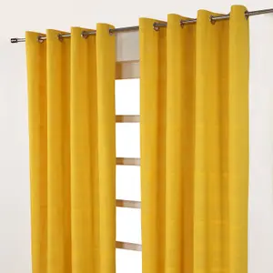 Homescapes Cotton Rajput Ribbed Yellow Curtain Pair, 66 x 72" Drop