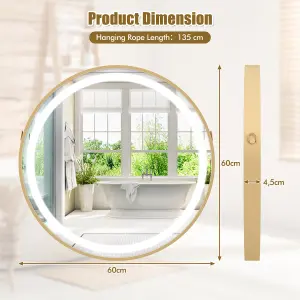 COSTWAY Hanging Bathroom Mirror 60 cm Round Wall Mirror w/ 3 Colors LED Light