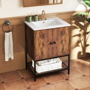 COSTWAY Bathroom Vanity Unit with Basin Rustic Floor Basin Cupboard Ceramic Sink