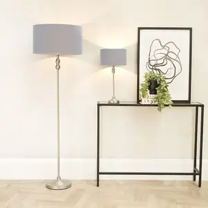 ValueLights Maggie Brushed Chrome Candlestick Slim Table Lamp with Grey Fabric Drum Lamp Shade