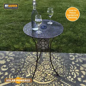 Metal Round Filigree Silhouette Garden Patio Bistro Table With Solar LED Lights