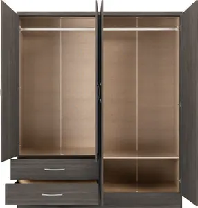 Nevada 4 Door 2 Drawer Mirrored Wardrobe in Black Wood Grain Effect Finish