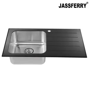 JASSFERRY Black Glass Top Kitchen Sink Stainless Steel Single 1 Bowl Right Hand Drainer