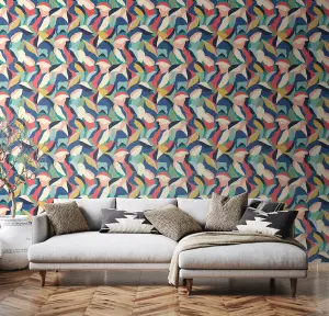 Hoopla Walls Leafy Patchwork Navy Twist Smooth Matt Wallpaper