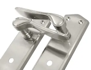 Door Handle SATIN Stellar Bathroom Handle Shaped Backplate + Bath Lock.