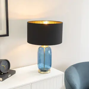 ValueLights Leigh Navy Blue Glass and Gold Detail Table Lamp with Black/Gold Shade Light - LED Bulb Included