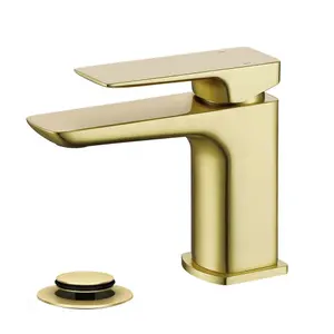 ENKI Mykonos Brushed Brass Contemporary Brass Basin Mixer Tap & Waste BT1203