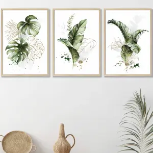 Set of 3 Framed  Framed Green and Gold Botanical Leaves / 42x59cm (A2) / Oak