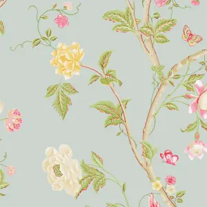 Laura Ashley Summer Duck egg Floral Smooth Wallpaper Sample