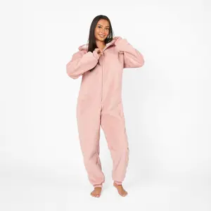 OHS Soft Fleece Onesie Hooded Loungewear Pyjamas, Blush - Small