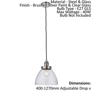 Ceiling Pendant Light - Brushed Silver Paint & Clear Glass - 40W E27 - Dimmable