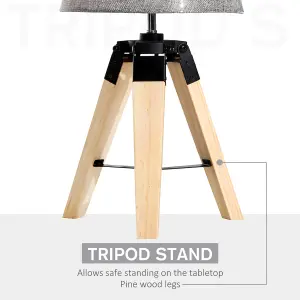 HOMCOM Wooden Tripod Table Lamp for Side, Desk or End Tables with E27 Bulb Base(Grey Shade)