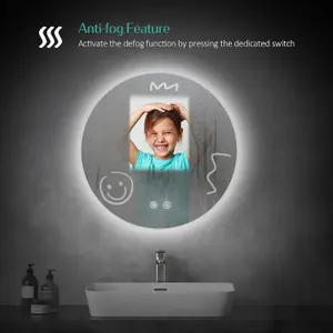 EMKE Round Bathroom Mirror with Led Lights, 500mm Wall Mounted Vanity Mirror with Touch, Demister and Memory Dimmable