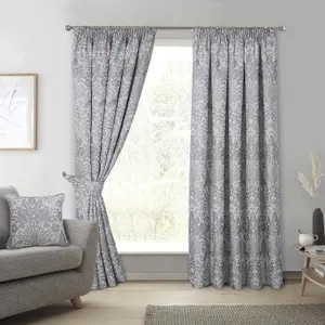 Keswick Grey Woven Leaf 3" Pencil Pleat Curtains