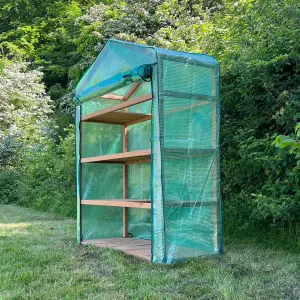 Extra Wide 4 Tier Wooden Mini Greenhouse with Reinforced Cover