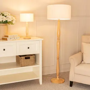 ValueLights Victoria Light Wood Candlestick Floor Lamp with Linen White Trim Drum Shade