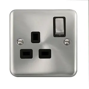 Curved Satin / Brushed Chrome 1 Gang 13A DP Ingot Switched Plug Socket - Black Trim - SE Home