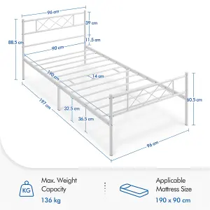 Yaheetech White 3ft Single Simple Metal Bed Frame with Cross-design Headboard & Footboard