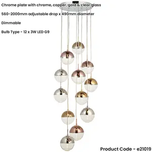 Hanging Ceiling Pendant Light - Chrome Plate With Chrome Copper Gold & Clear Glass - 12 X 3W LED G9