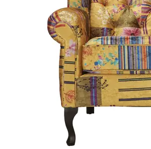 Fabric Gold Patchwork Chesterfield Avici Scroll Wingback Chair