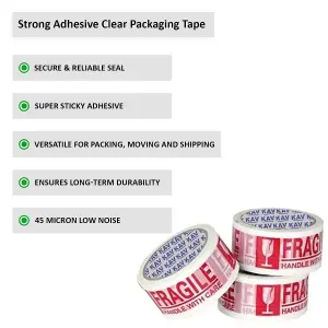 KAV Strong Adhesive Fragile Packaging Tape - 48MM x 66M Rolls for Secure Box Sealing, Parcel Tape with Improved Formula