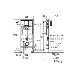 Grohe 1.13m Concealed Frame Cistern Set & Bubly Bathrooms™ Rimless D Shape Wall Hung Toilet - Hidden Fixation