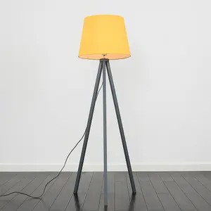 ValueLights Barbro Modern Grey Wood Tripod Design Floor Lamp with Mustard Tapered Shade - Includes 6w LED Bulb 3000K Warm White