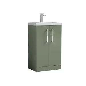 Compact Floor Standing 2 Door Vanity Basin Unit with Polymarble Basin - 500mm - Satin Green