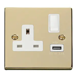 Polished Brass 1 Gang 13A DP 1 USB Switched Plug Socket - White Trim - SE Home