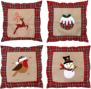 Hessian Home Bedroom Office Decorations Printed Pillow Covers Set of 4 Reindeer Snowman Robin andChristmas Pudding 40x40cm