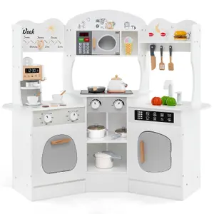 COSTWAY Corner Wooden Play Kitchen Kids Toy Kitchen Set with Lights & Sounds