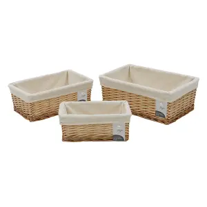 JVL Hand Woven Acacia Set of 3 Rectangular Willow Storage Baskets with Lining, Honey Finish