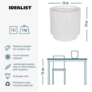 IDEALIST 24cm Small Round Planter, Ribbed White Reinforced Stone Cylinder Outdoor Plant Pot D24 H24 cm, 7.6L