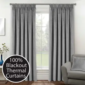 Luxury Enhanced Living Grey Velvet, Supersoft, 100% Blackout, Thermal Pair of Curtains with Tape Top - 46 x 54 inch (117x137cm)