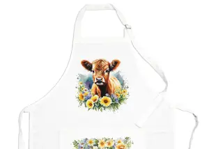 Purely Home Farm Animals & Flowers Highland Calf Apron - Floral Gifts for Her - Cooking & Baking