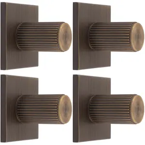 4 PACK - Reeded Cylinder Cabinet Door Knob & Matching Backplate Antique Brass 40 x 40mm