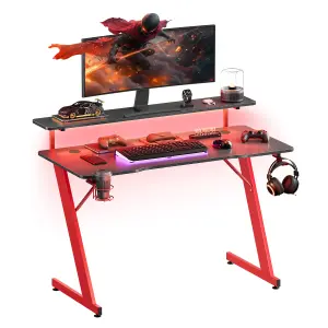 SONGMICS HOME Gaming Desk with LED Lights, Z-Shaped Computer Desk with Monitor Stand, Cup Holder and Headphone Hook