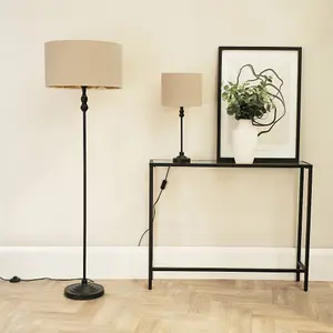 ValueLights Maggie Black Metal Candlestick Floor Lamp with Beige and Metallic Gold Lamp Shade