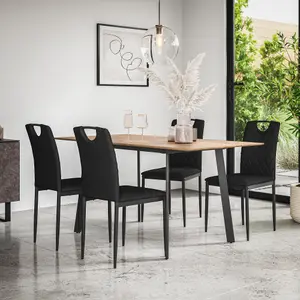 Haydon Extending Dining Table And Chairs -  Oak Effect Table Top w Black Legs + Monza Faux Leather Dining Chair Set Of 6 (Black)