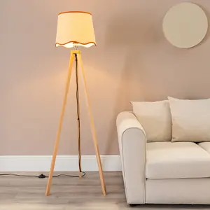 ValueLights Barbro Light Wood Tripod Floor Lamp with Natural Linen Scallop Rust Edge Shade