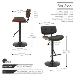 Caneghem Height Adjustable Swivel Faux Leather Mid-Century Bar Stool Black 