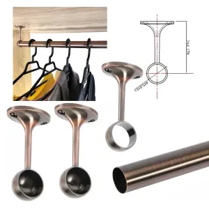 Suspended Round Wardrobe Rail Hanging Tube Pipe 1400mm Antique Copper Set with End Brackets