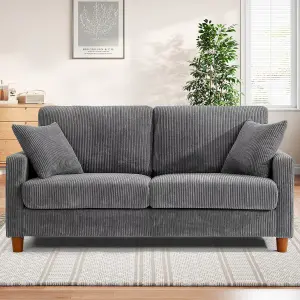 178cm Grey Corduroy Couch, 3 Seater Sofa with Wood Legs, Deep Seat Sofa